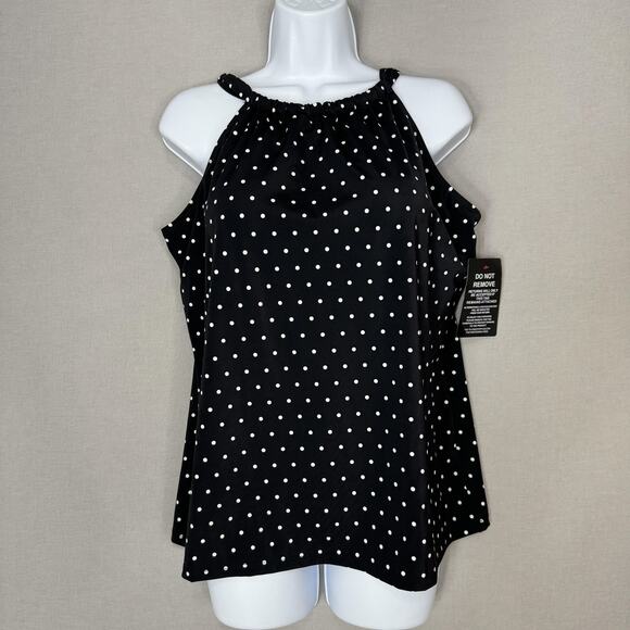 SwimsuitsForAll Swimwear High Neck Tankini Top Womens 16 Black Polka Dot Resort - Picture 1 of 14